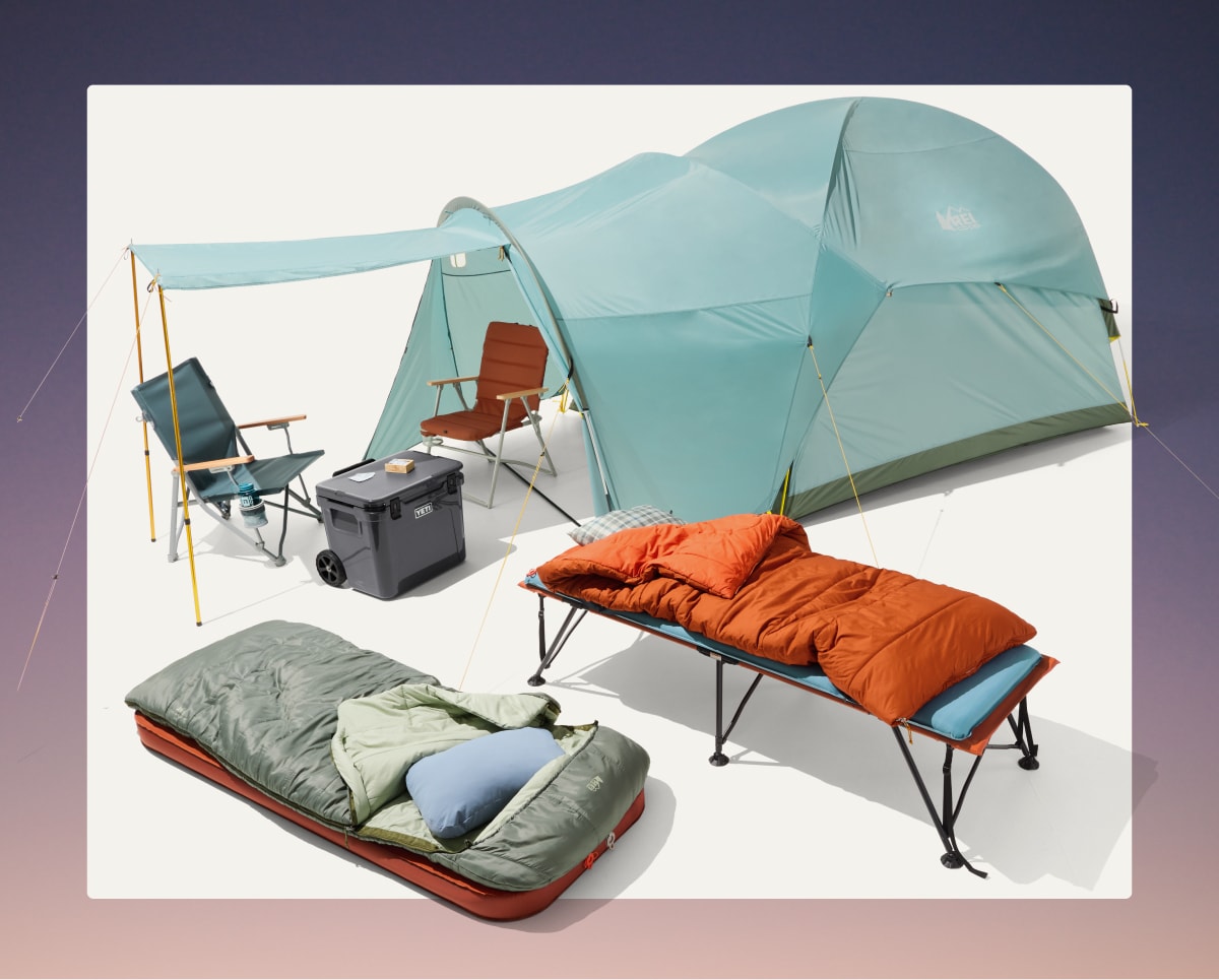A tent, camp chairs, sleeping bags, sleeping pads, and a cooler on a white background.