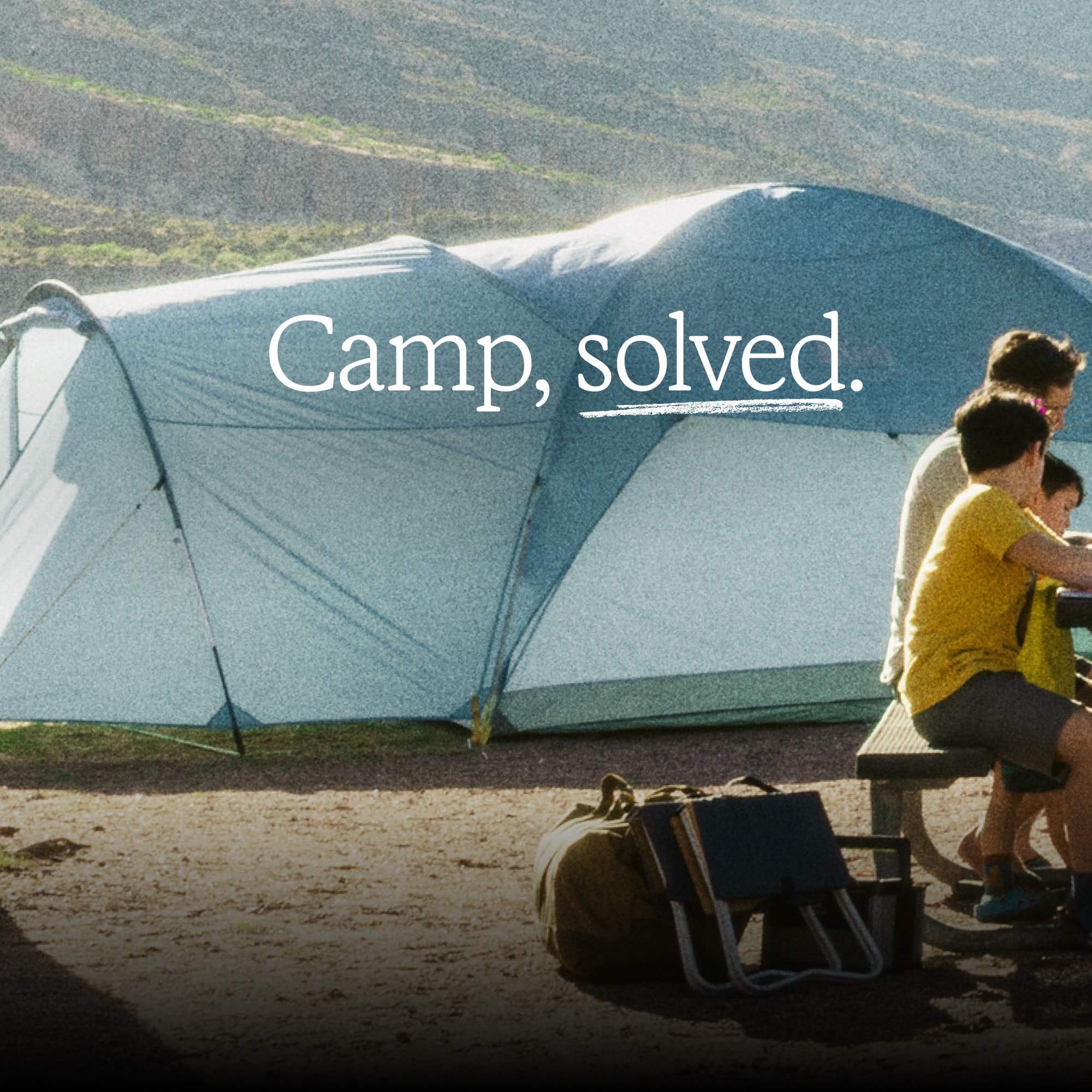 R E I Co-op, NEMO, & YETI. Text reads: ‘Camp, solved.’ over an image of people sitting at a table with a blue tent in the background.