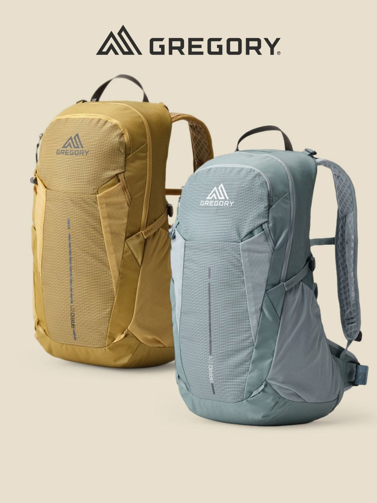 Two Gregory packs on a light colored background.