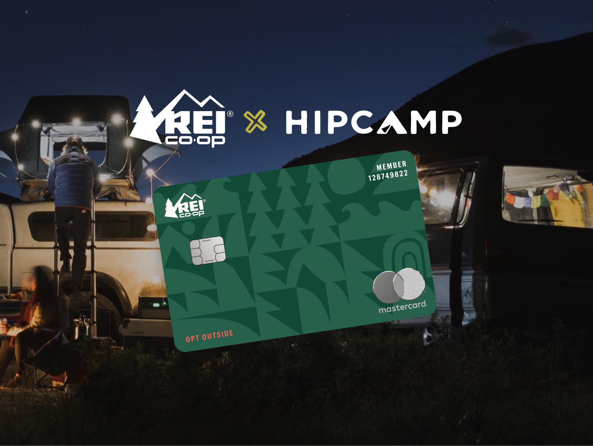 The R E I Co-op Mastercard over an image of a person climbing into a rooftop tent at a campsite.