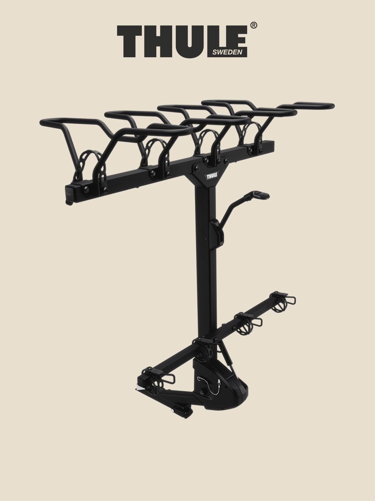 A Thule car rack on a light colored background.