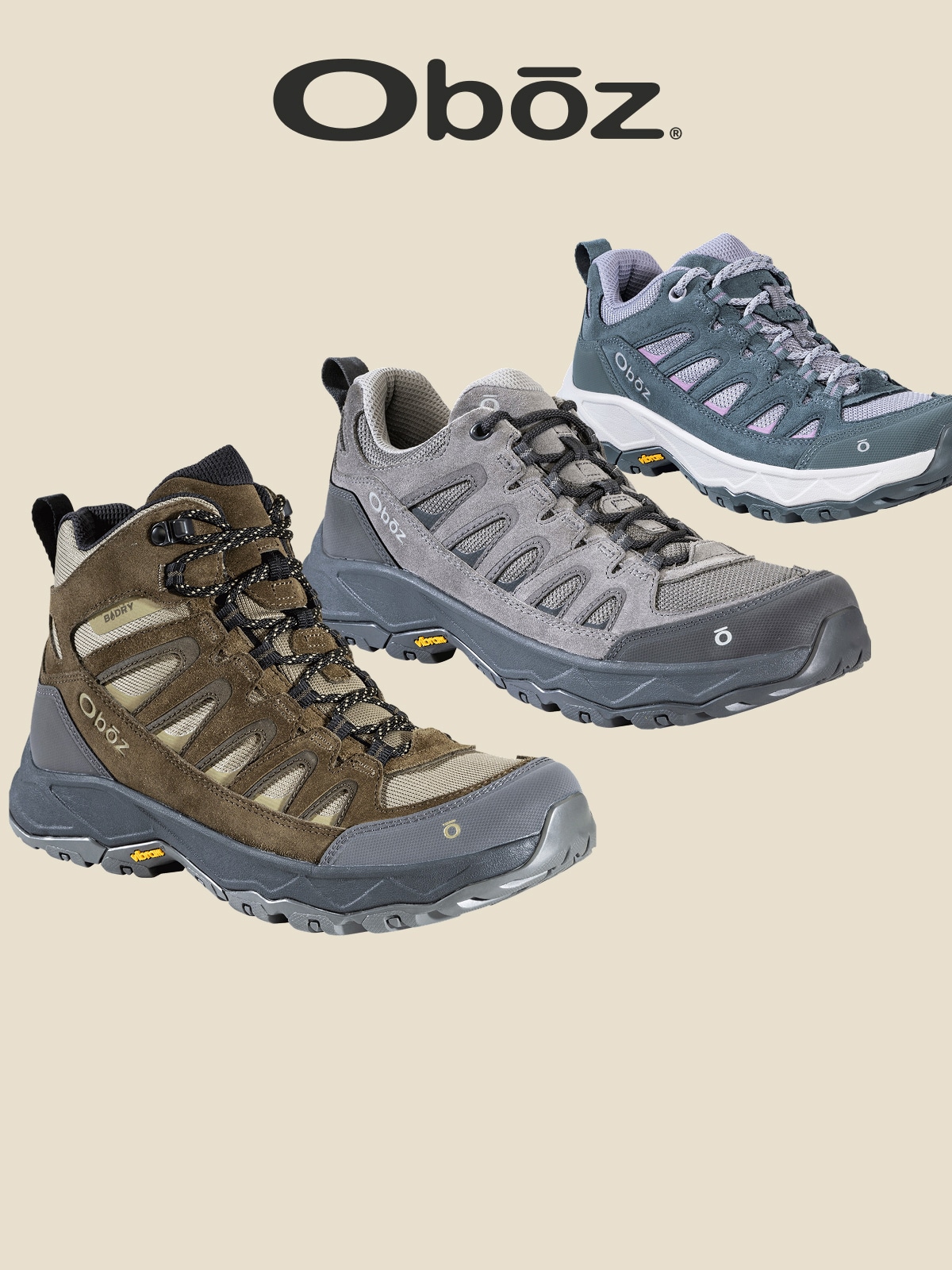 Oboz hiking shoes on a light colored background.