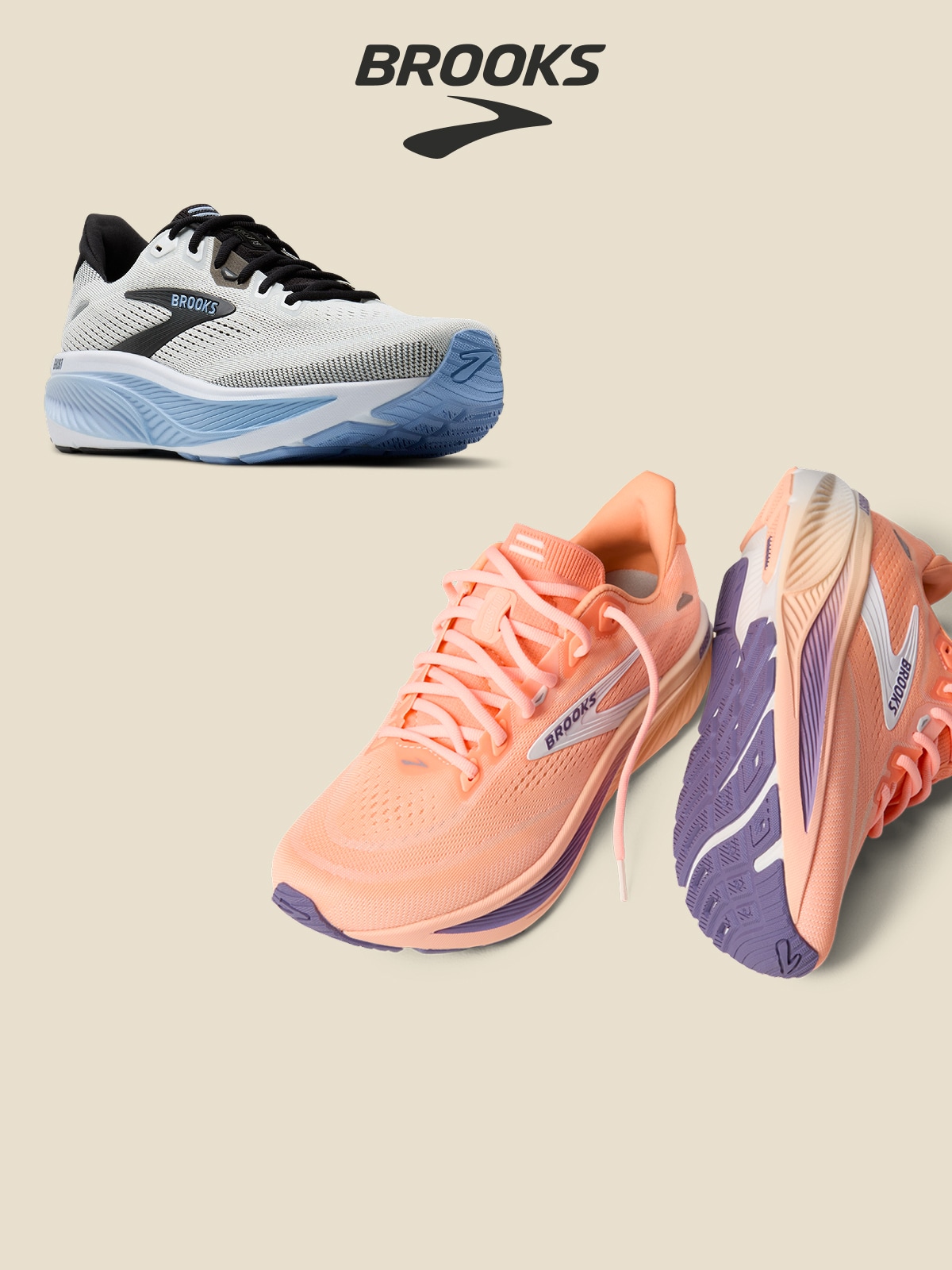 Brooks running shoes on a light colored background.
