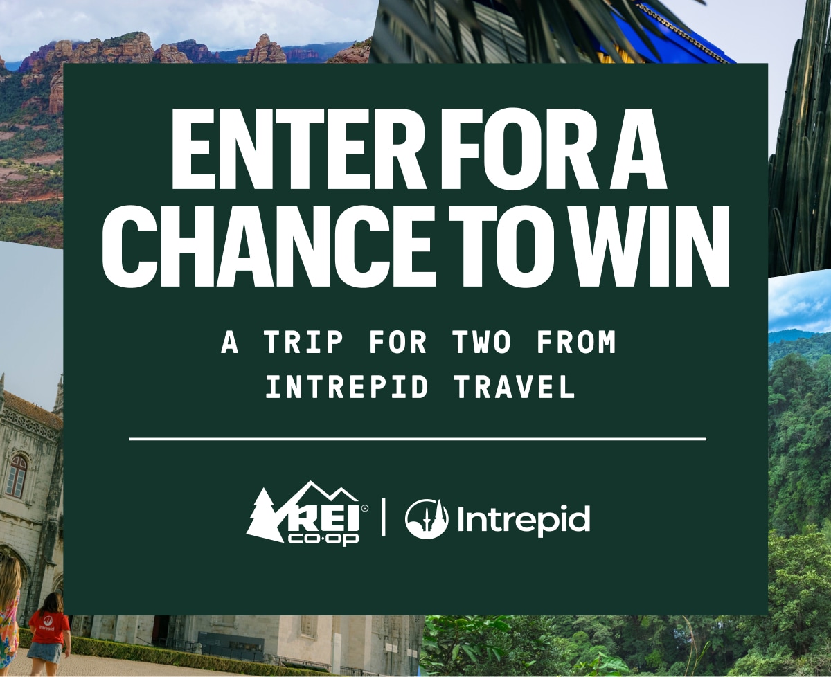 Text reads: ‘Enter for a chance to win a trip for two from Intrepid Travel’ over a collage of four different locations from around the world.