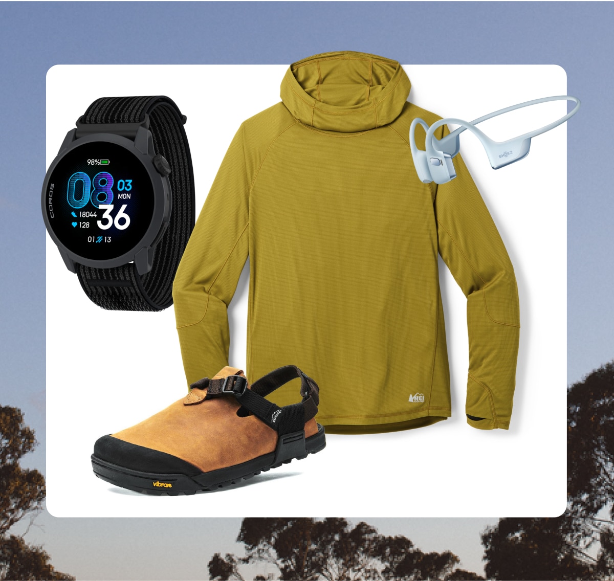 A Coros watch, an R E I Co-op Flash Shade Hoodie, a Bedrock clog, and Shokz headphones on a white background over a photo of blue skies and trees.