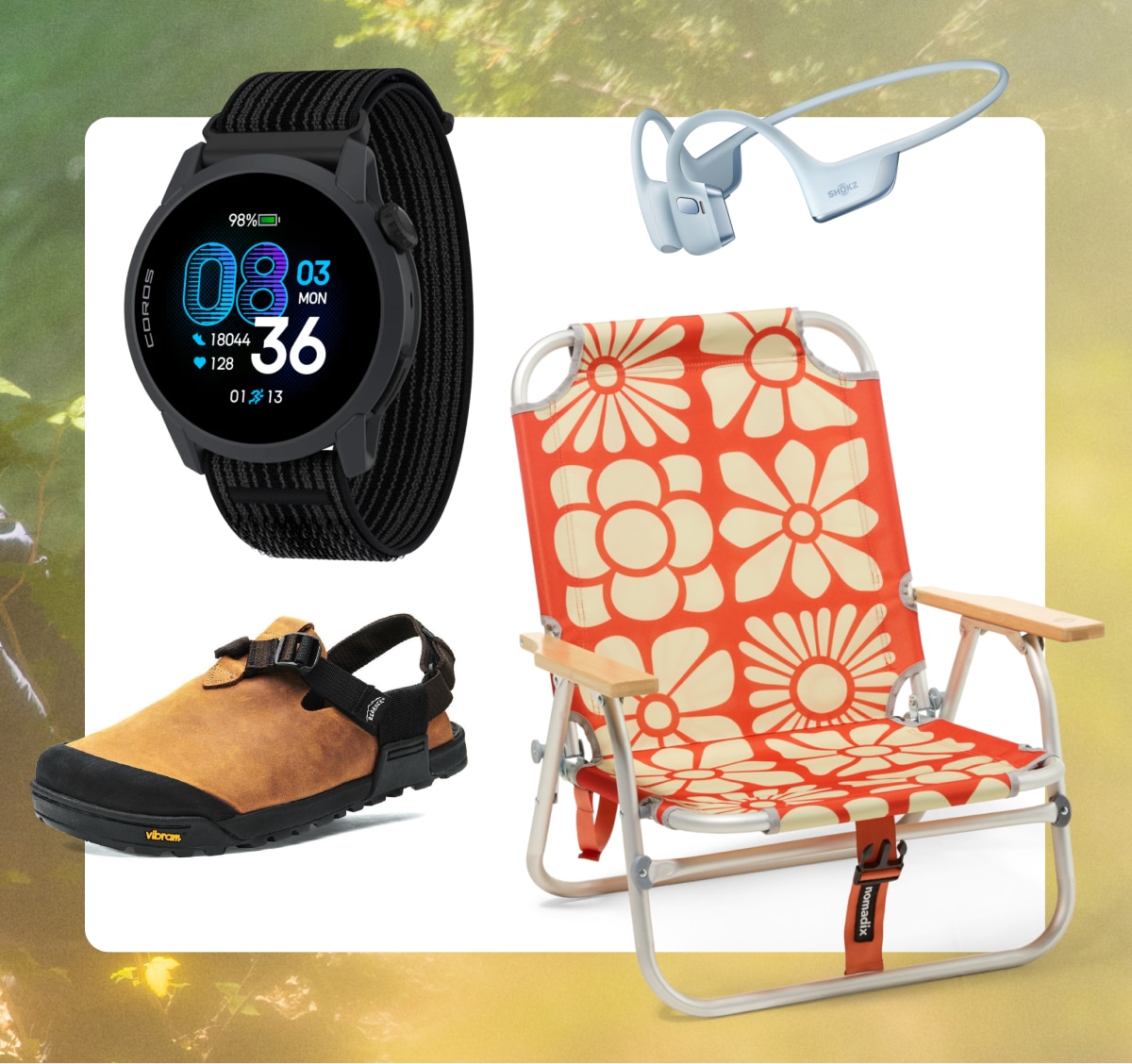 A Coros watch, a Bedrock clog, Shokz headphones, and a Nomadix chair on a white background over a photo of trees and leaves.