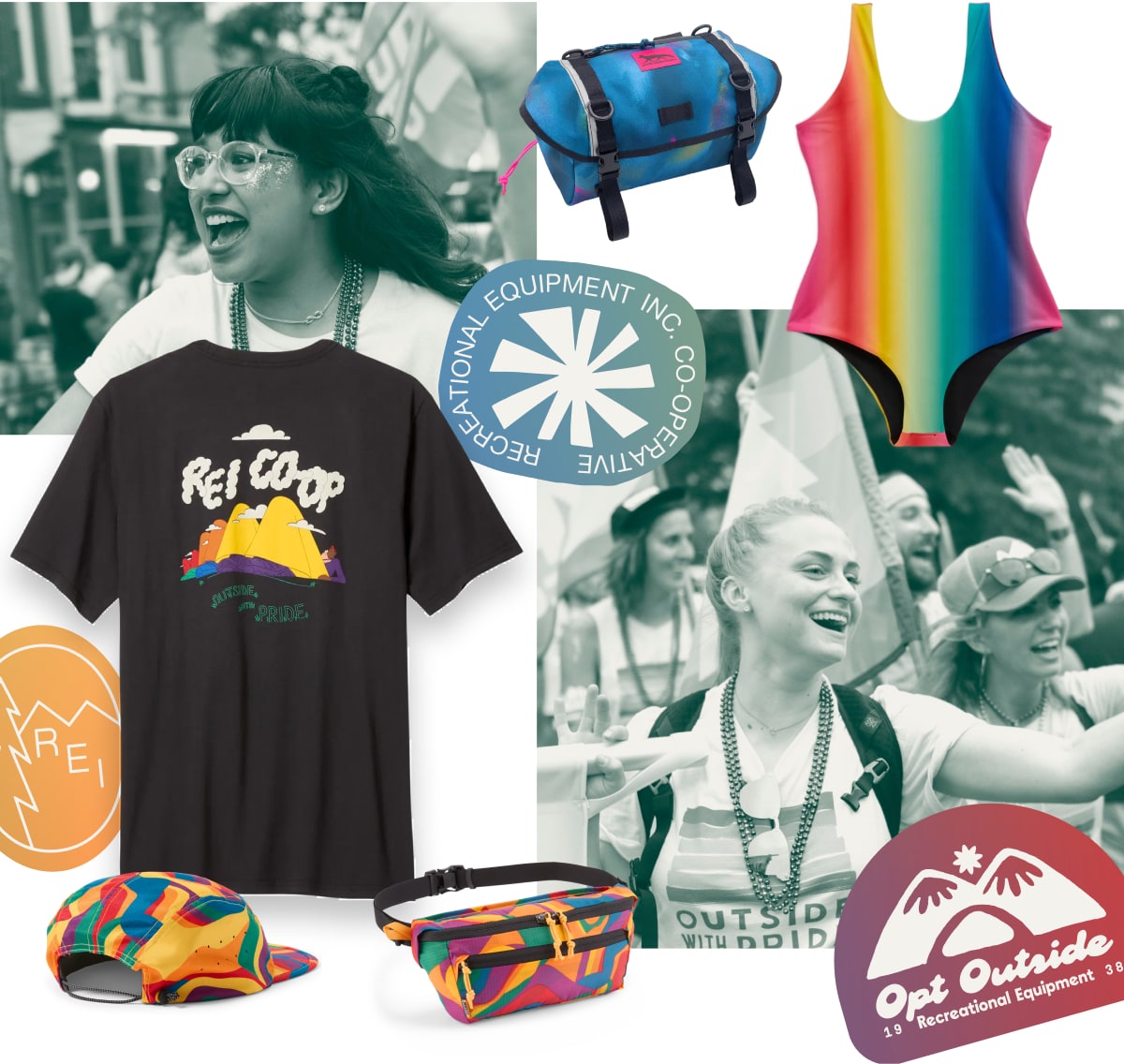 A collage of clothing and gear from the Pride collection on a white background with a photo of a person enjoying a Pride event.
