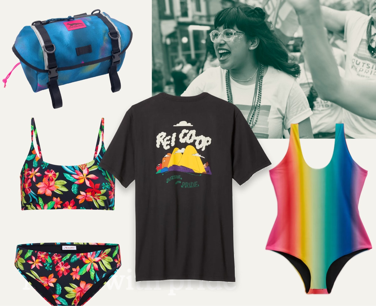 A collage of clothing and gear from the Pride collection on a white background with a photo of a person enjoying a Pride event.