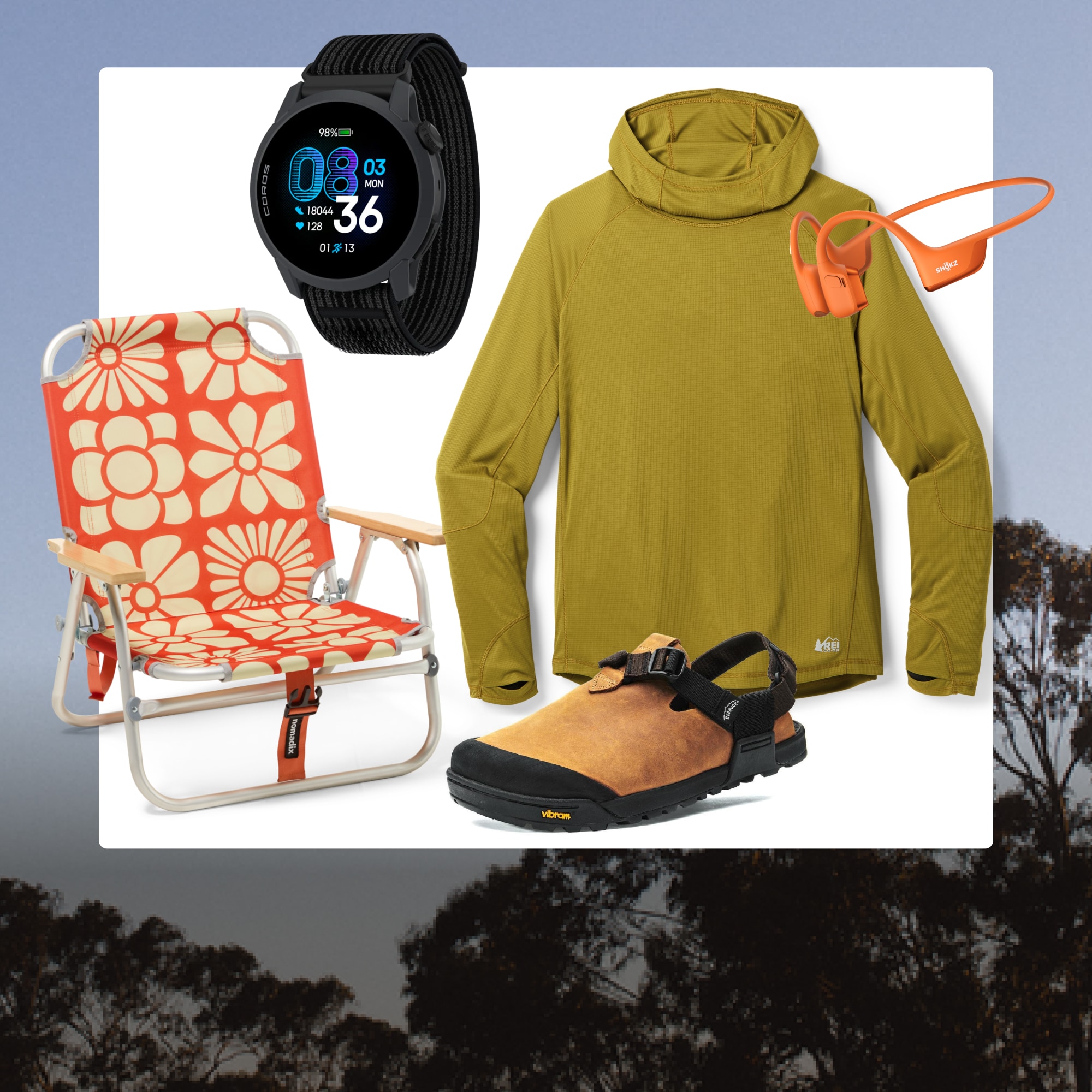 A collage of clothing, gear, & gifts for dads & grads on a white background over an image of blue skies and trees. 