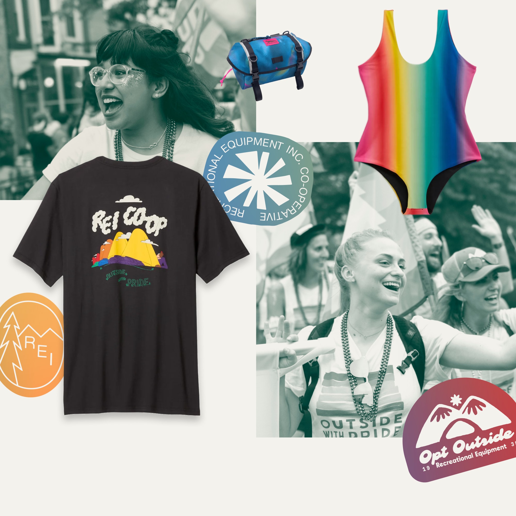 A collage of clothing and gear from the Pride collection on a white background with photos of people enjoying a Pride parade.