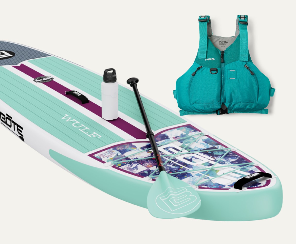 A BOTE paddle board and paddle, an insulated water bottle, and an NRS life jacket on a light colored background.