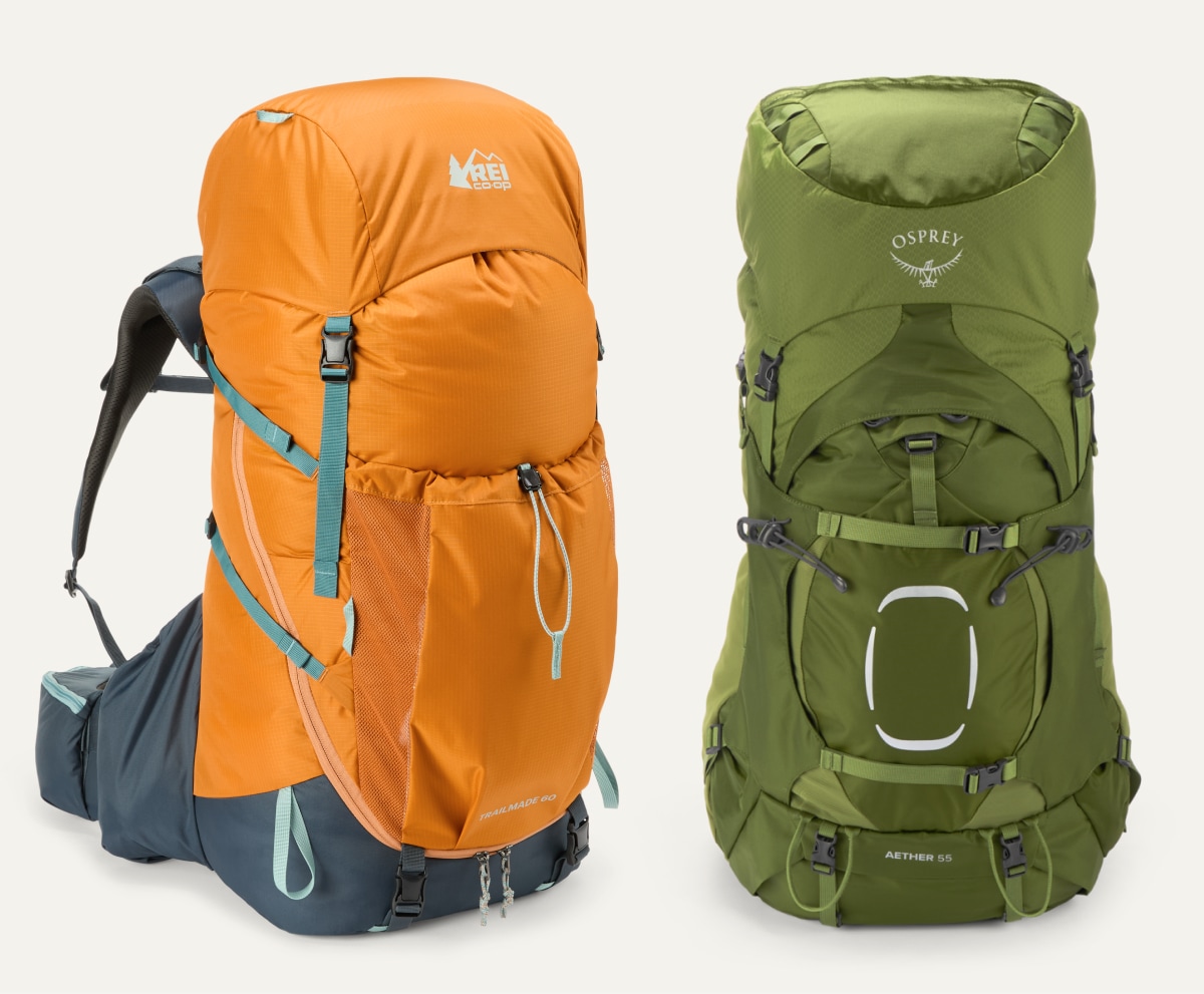 An R E I Co-op brand pack and an Osprey pack on a light colored background.