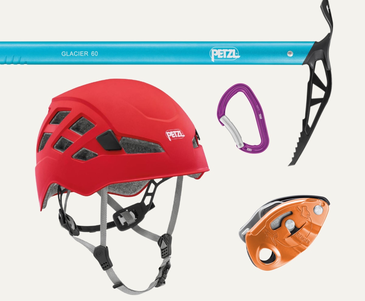 A collage of Petzl climbing gear on a light colored background.