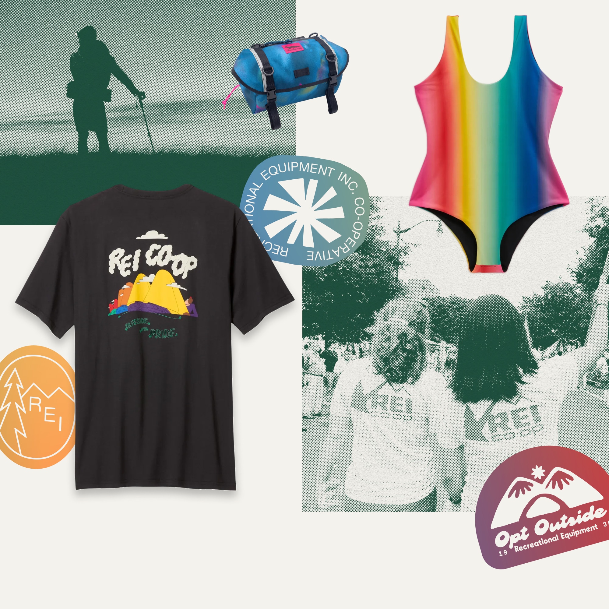 A collage of clothing and gear from the Pride collection on a white background with photos of people enjoying a Pride parade.
