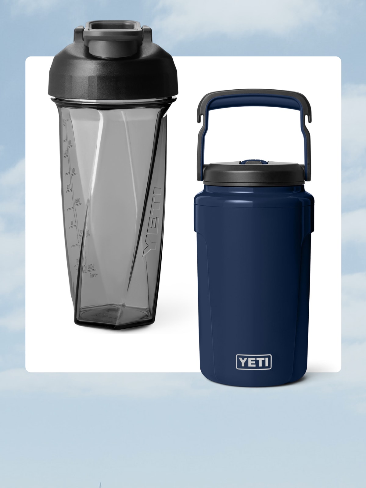 Two YETI bottles on a white background over an image of blue skies with clouds.