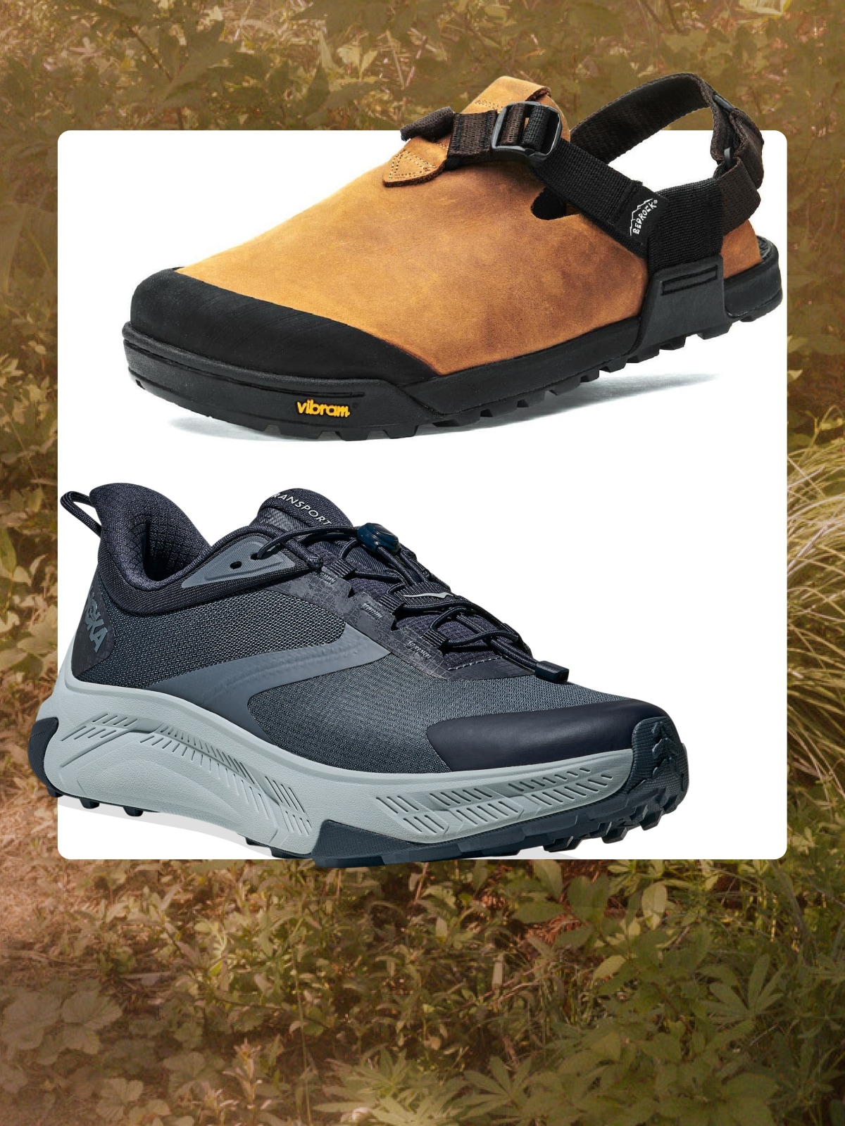 A Bedrock Clog and a HOKA shoe on a white background over an image of plant leaves.