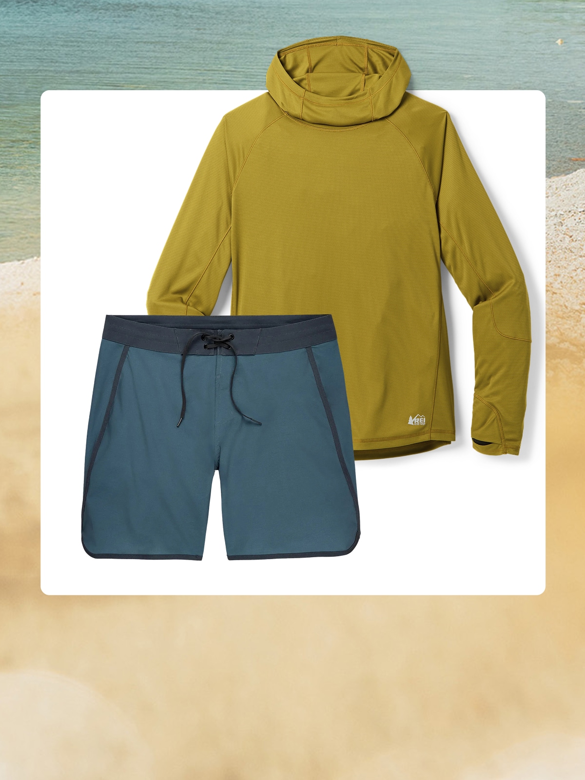 A long-sleeve top and shorts on a white background over an image of water.