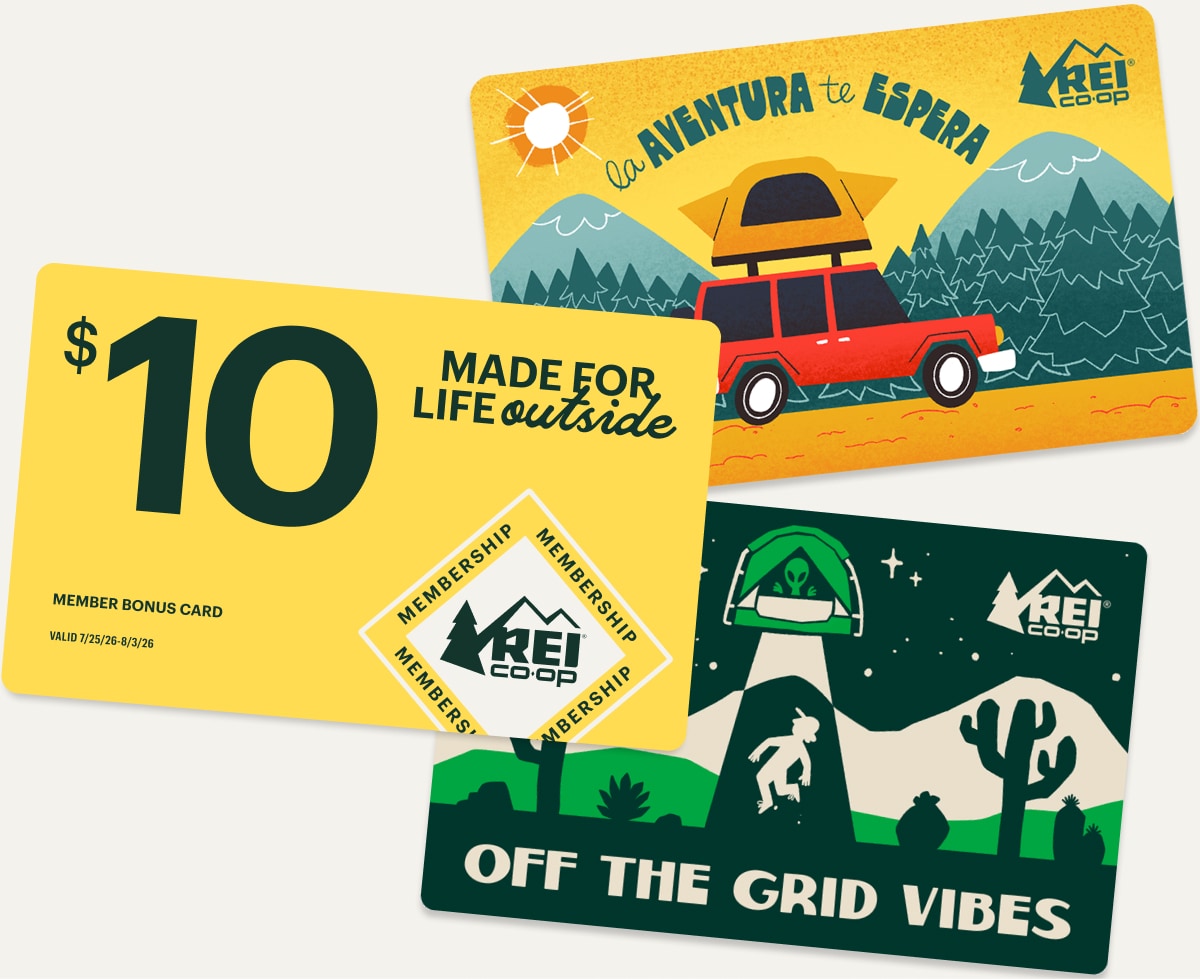 A gift card that reads ‘La aventura te espera,’ a yellow Member Bonus Card, & an alien-themed gift card on a light colored background.