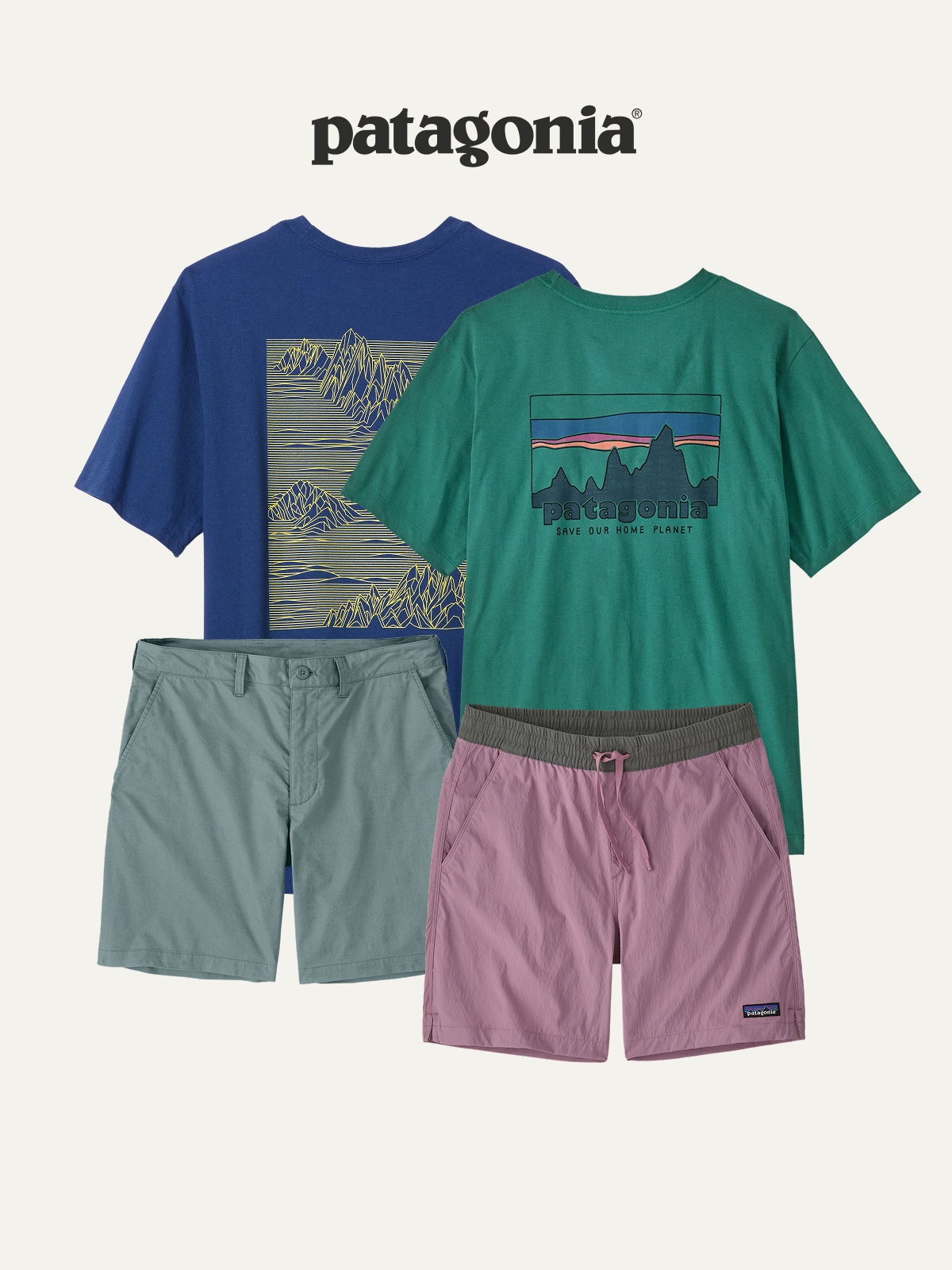 T-shirts and shorts from Patagonia on a light colored background.