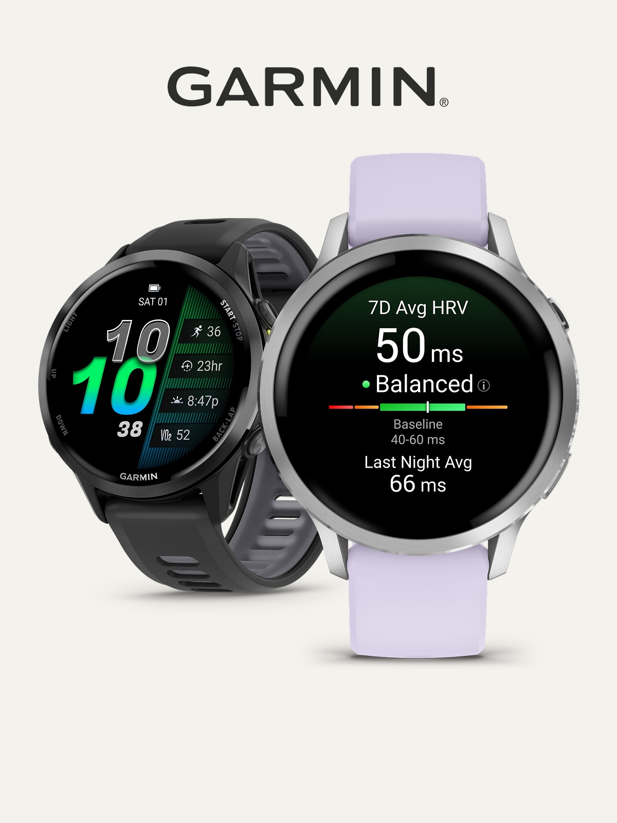 Two Garmin smartwatches on a light colored background.
