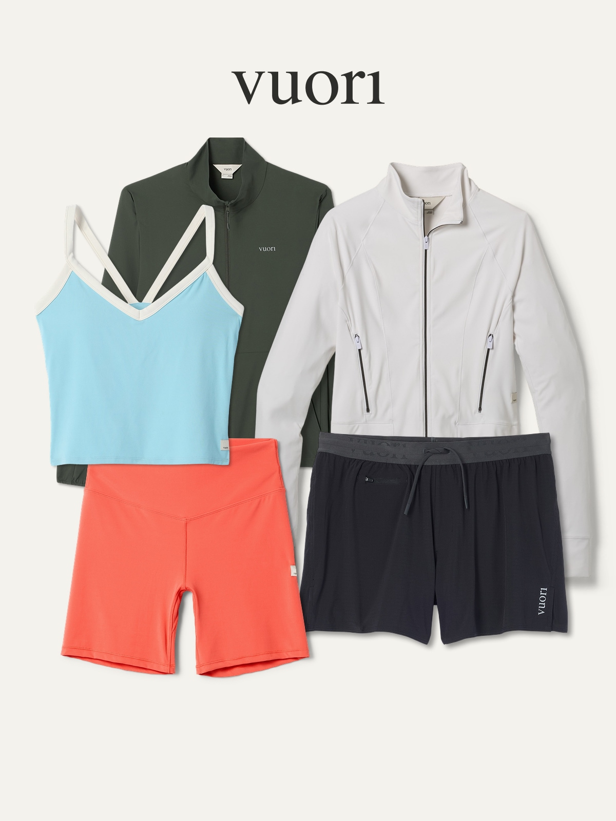 A collage of Vuori clothing on a light colored background.