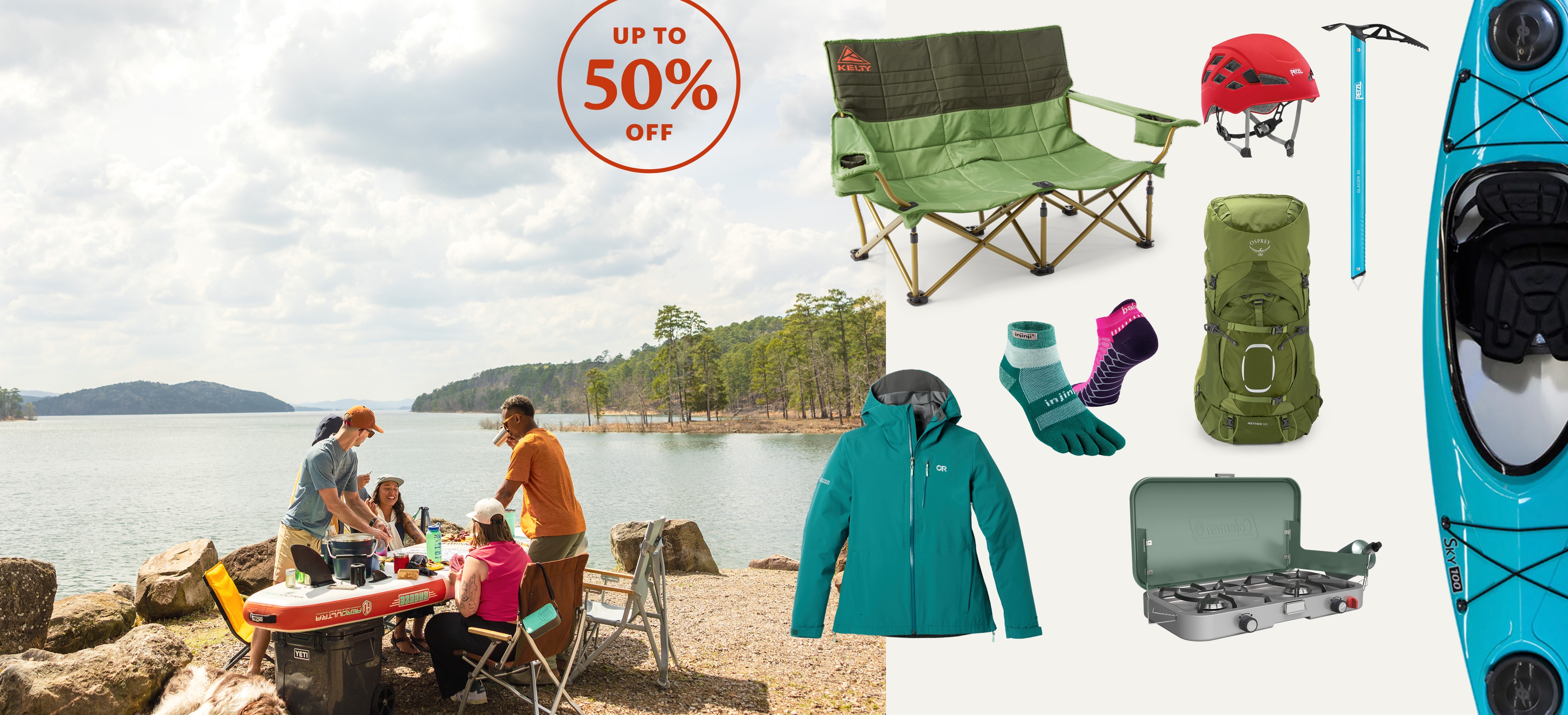 A collage of clothing and gear next to an image of people gathered around a table near a body of water.