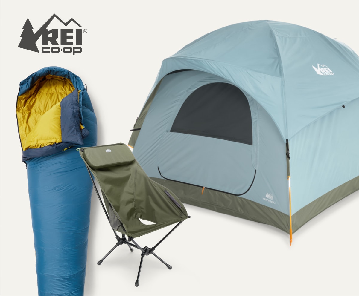 A sleeping bag, camp chair, and tent on a light colored background.
