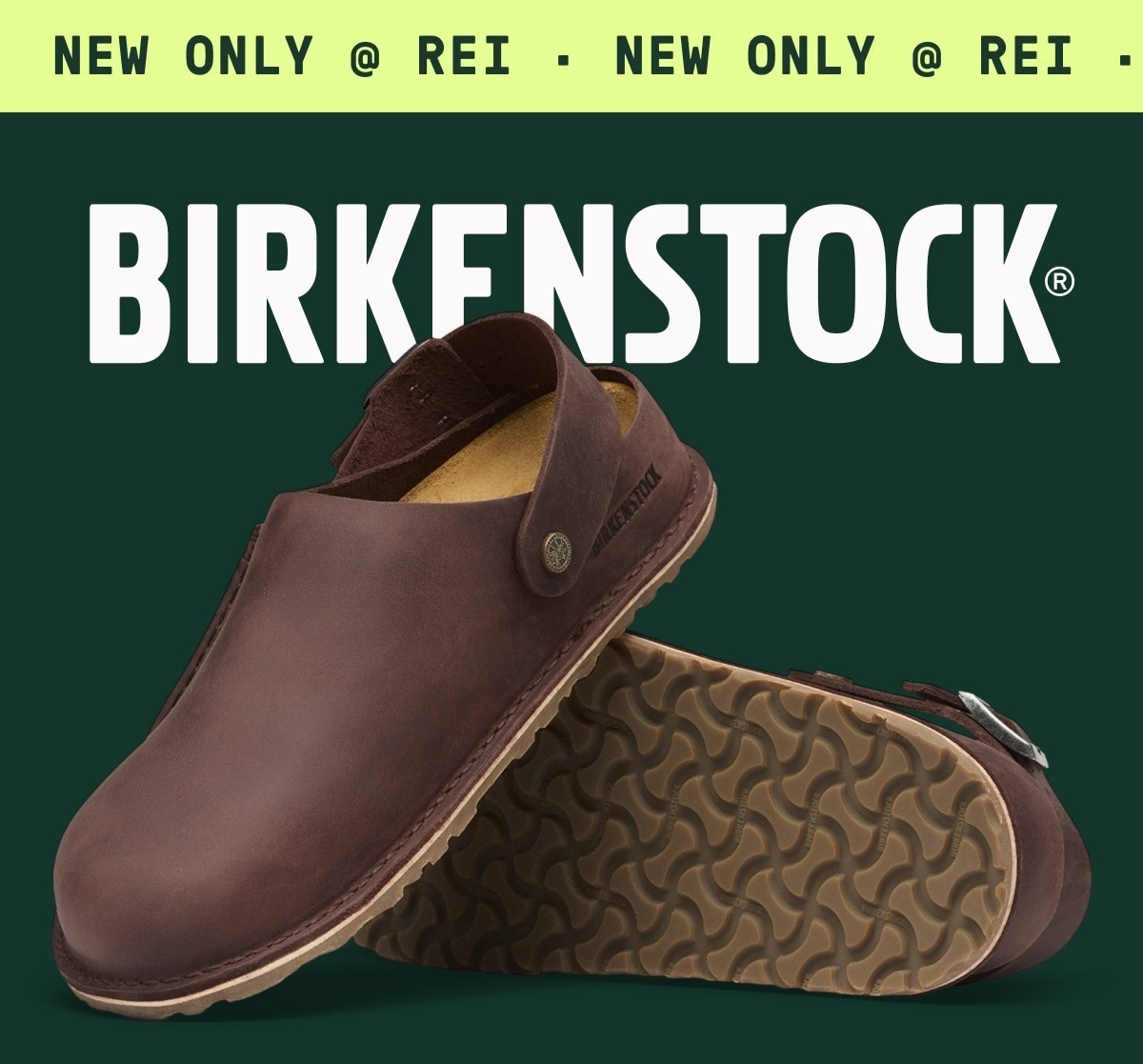 A pair of Birkenstock Lutry clogs on a green background. Text reads: ‘New only at R E I.’