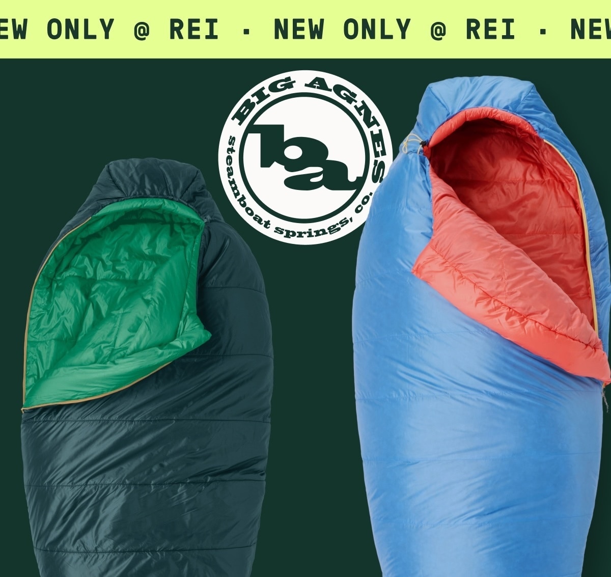 Two Big Agnes sleeping bags on a green background. Text reads: ‘New only at R E I.’