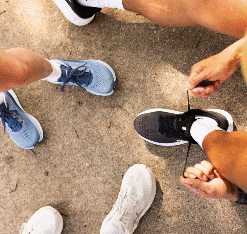 Animated GIF showing runners lacing up running shoes, running on a sidewalk, checking a fitness watch, and wearing a hydration vest.