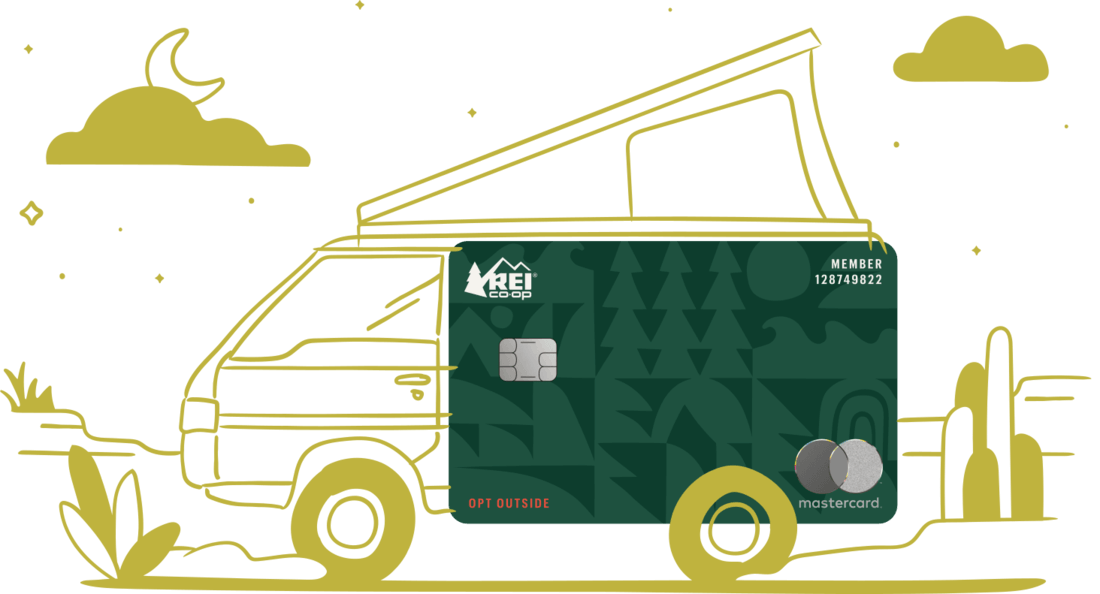 An illustration of a green credit card being transformed into a camper van