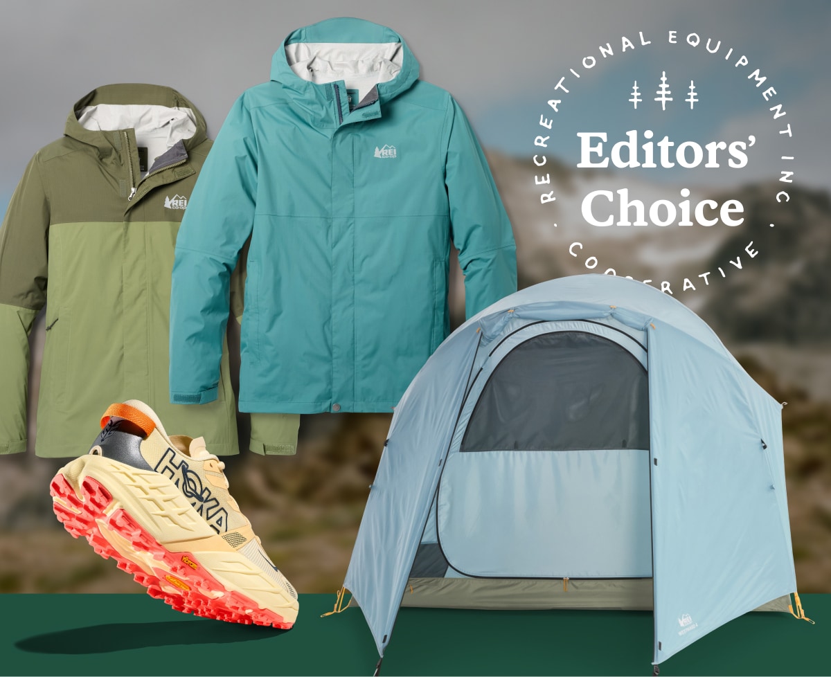 Text reads: ‘Editors’ Choice’ with a collage of clothing and gear over a photo of mountains.