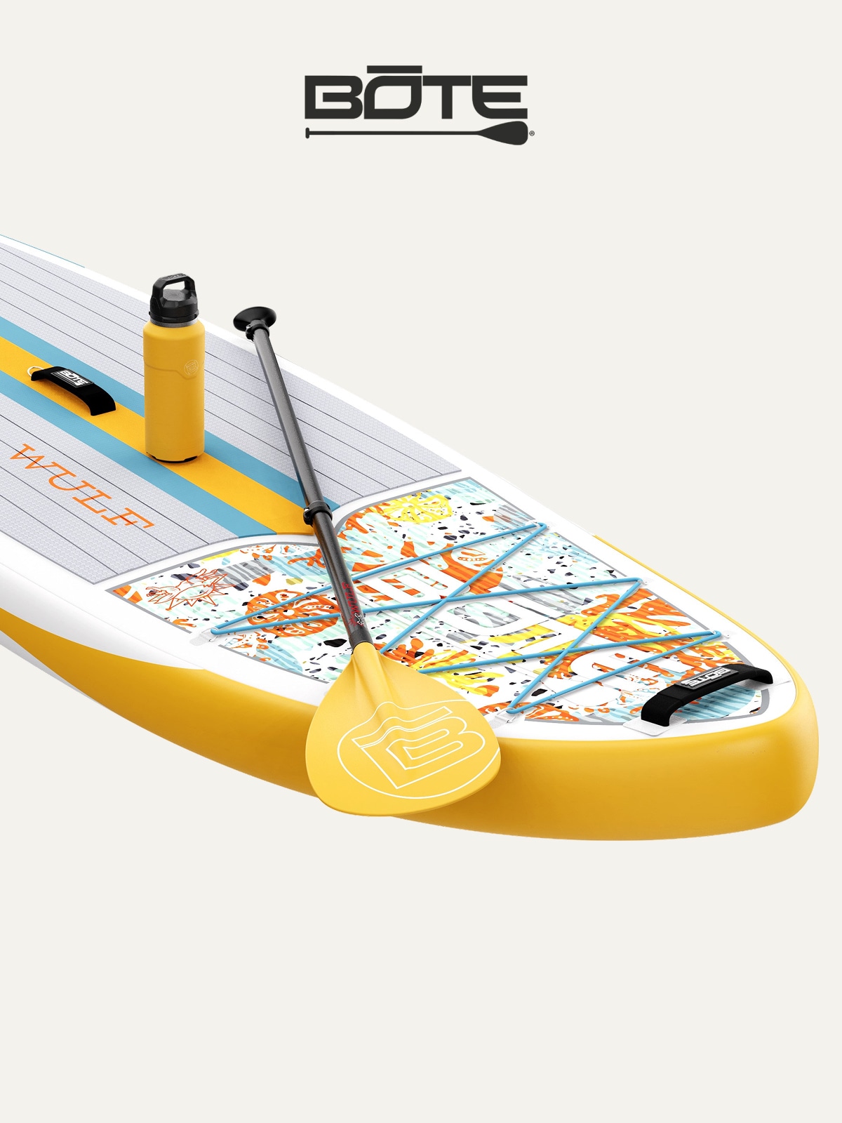 A BOTE paddle board, paddle, and water bottle on a light colored background.