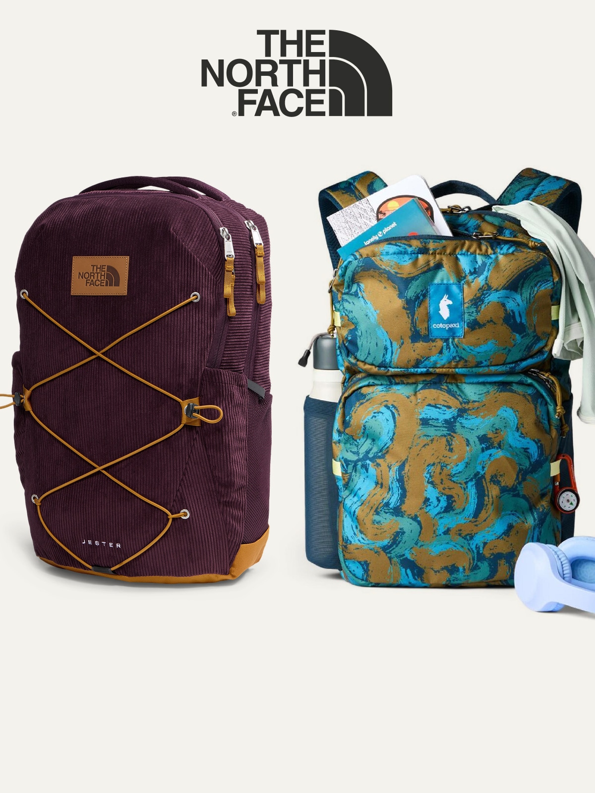 Two packs from The North Face and Cotopaxi on a light colored background.