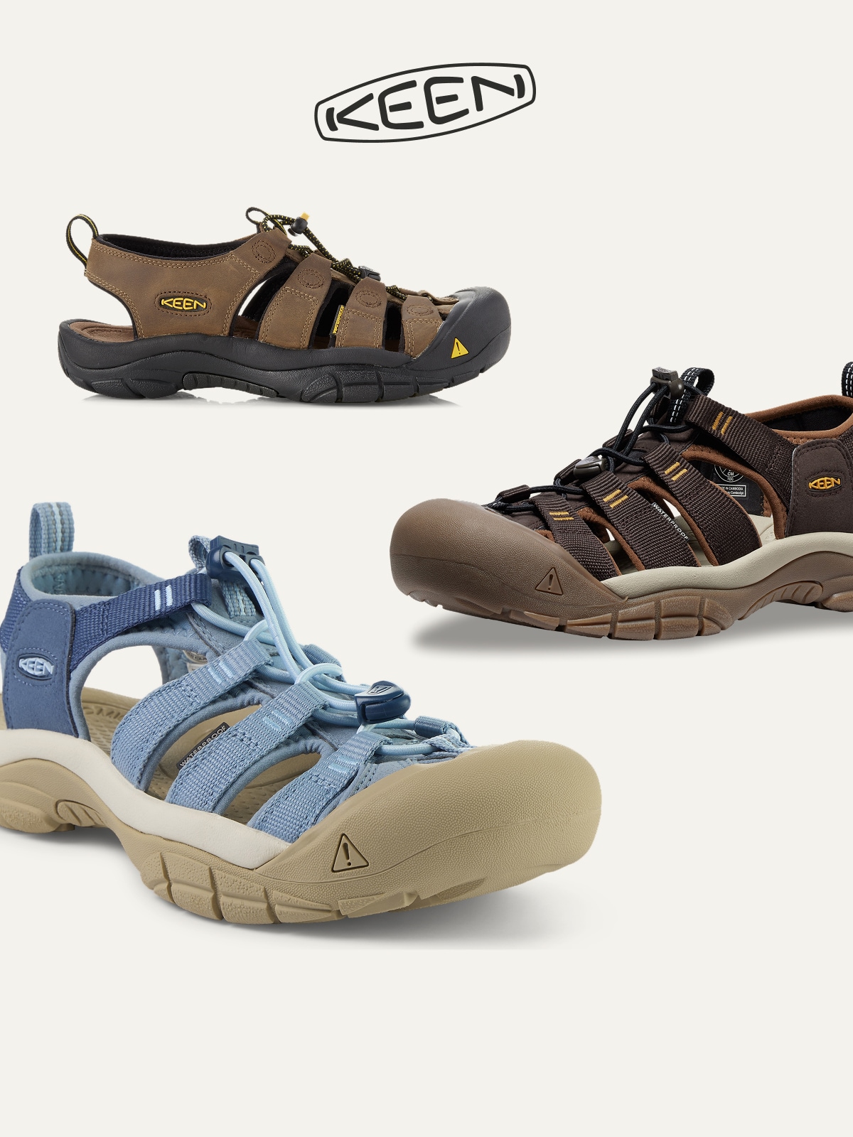 Three KEEN sandals on a light colored background.