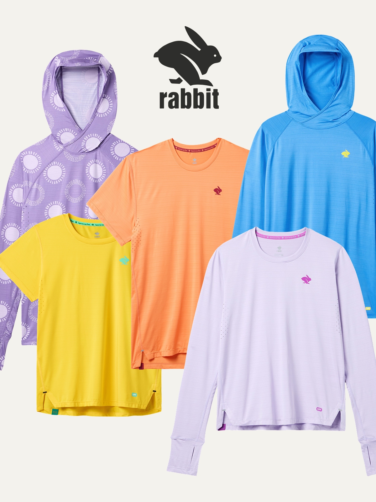 A collage of colorful UPF clothing from the brand Rabbit on a light colored background.