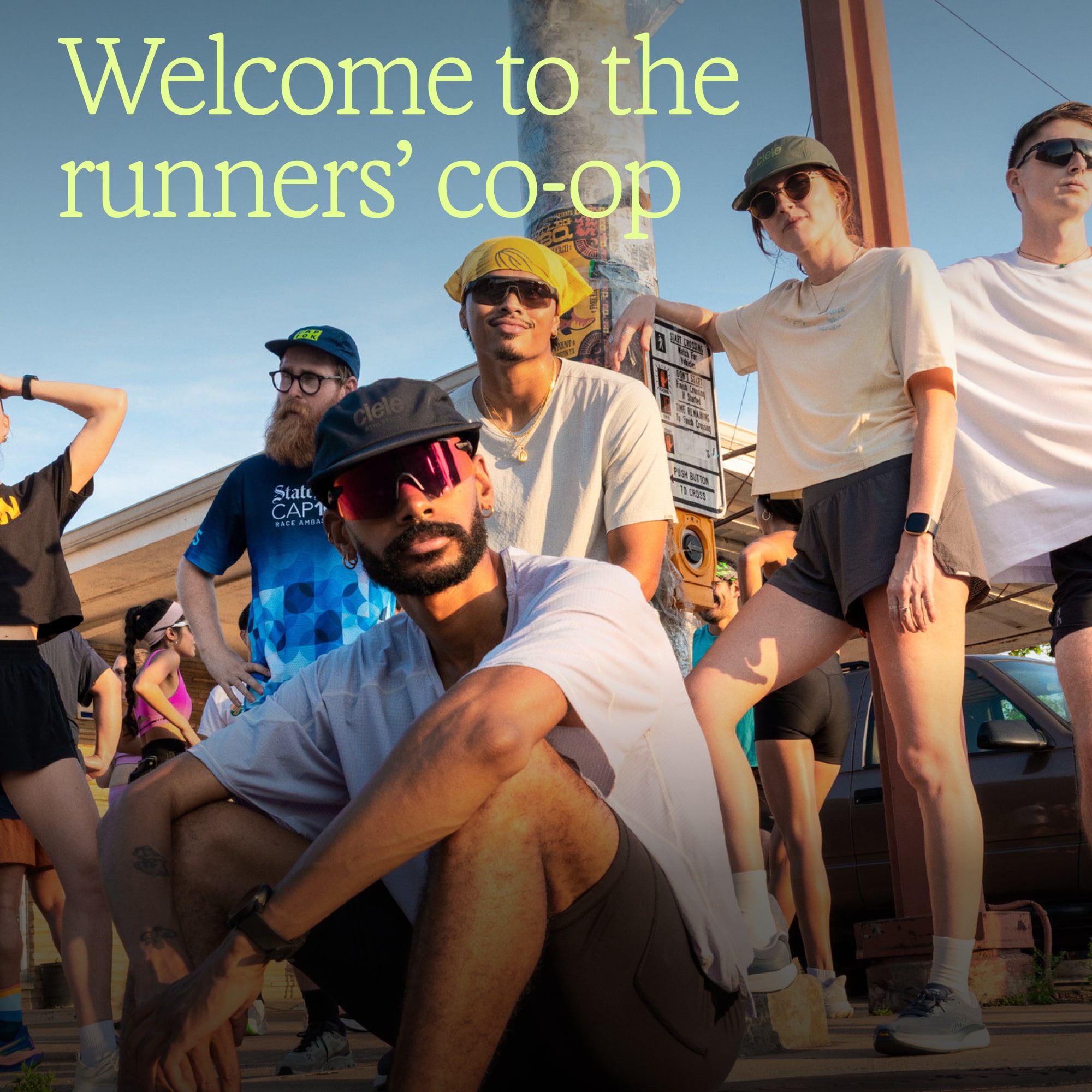 Text reads: ‘Welcome to the runners’ co-op’ over a photo of a group of runners sitting and standing together.