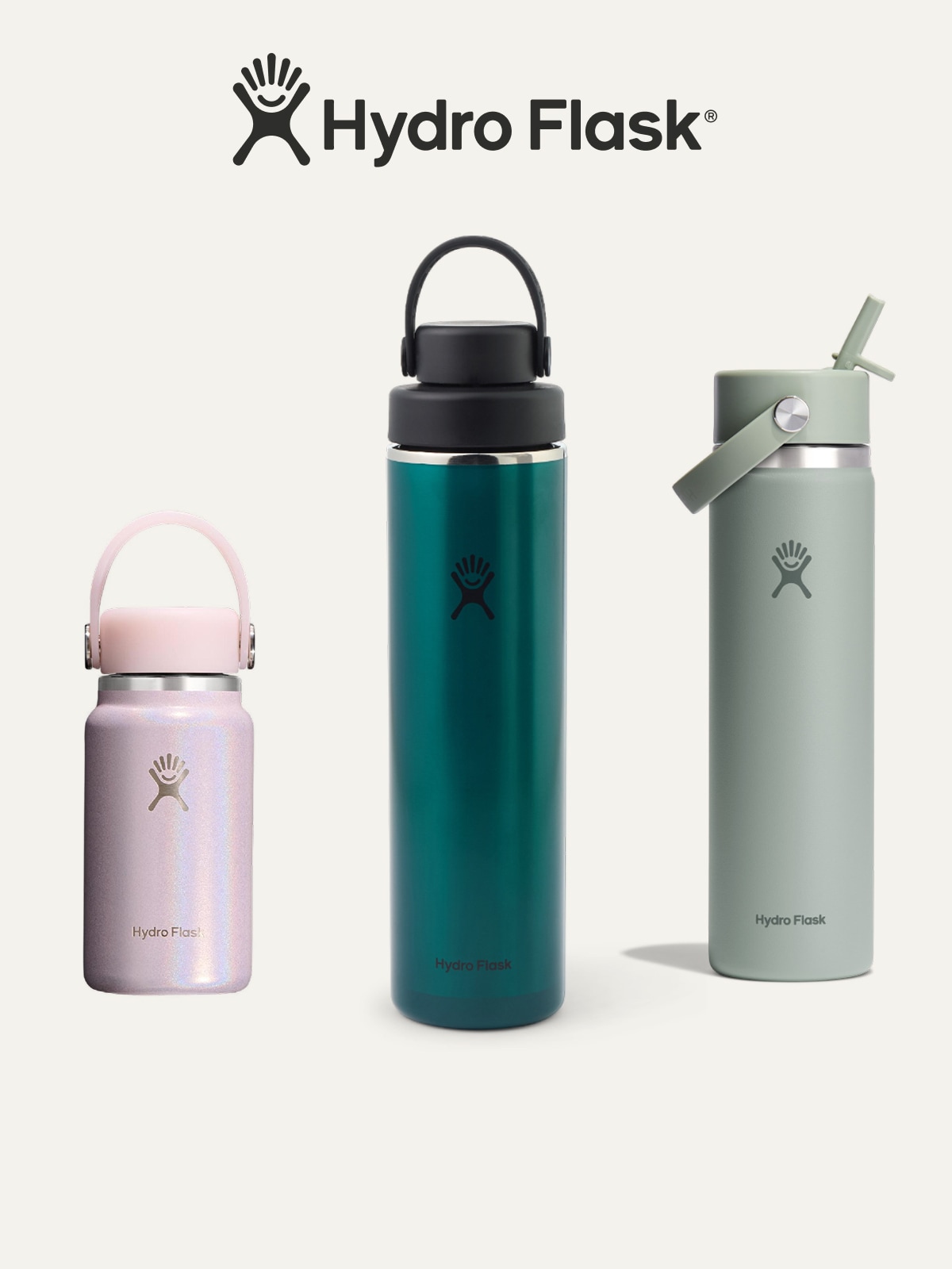 Hydroflask bottles on a light-colored background.