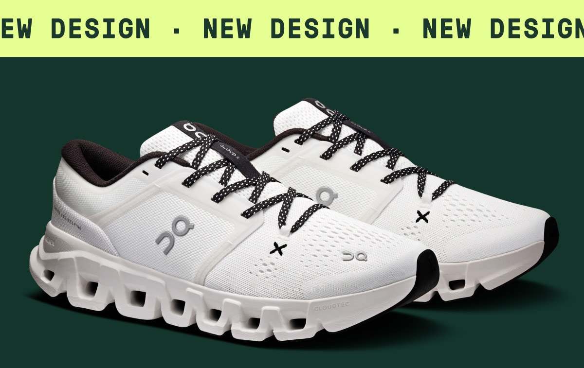 A pair of white On Cloud X 5 shoes on a green background. Text reads: ‘New design.’