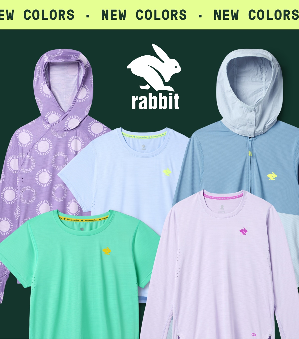 A collage of colorful UPF clothing from the brand Rabbit on a green background. Text reads: ‘New colors.’