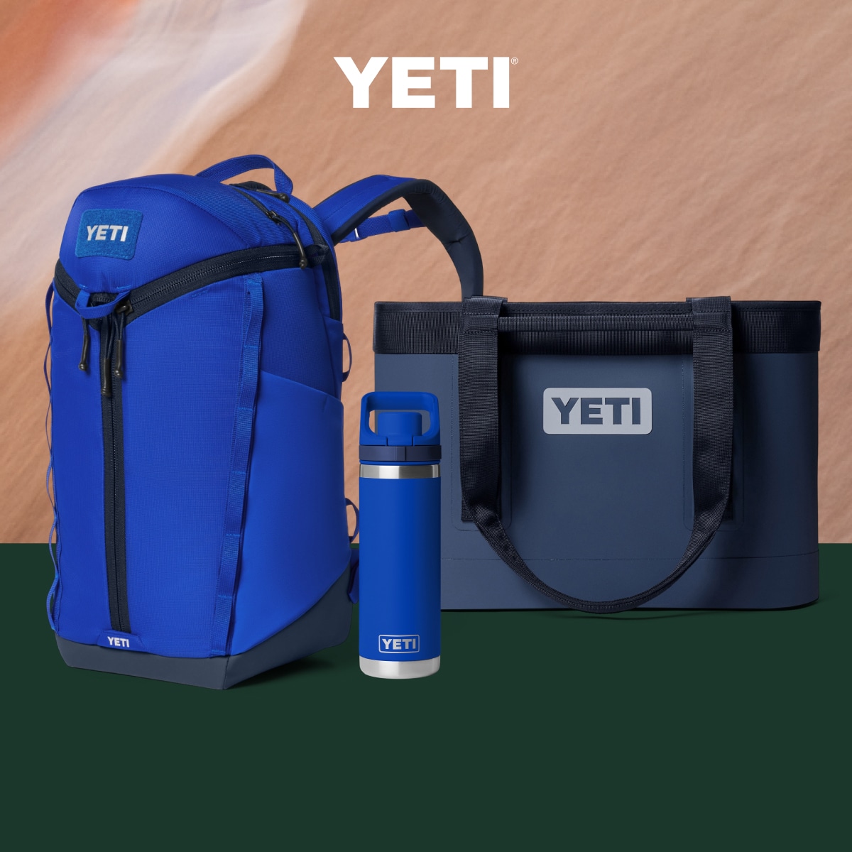 A YETI backpack, soft cooler, and tumbler on a textured background.