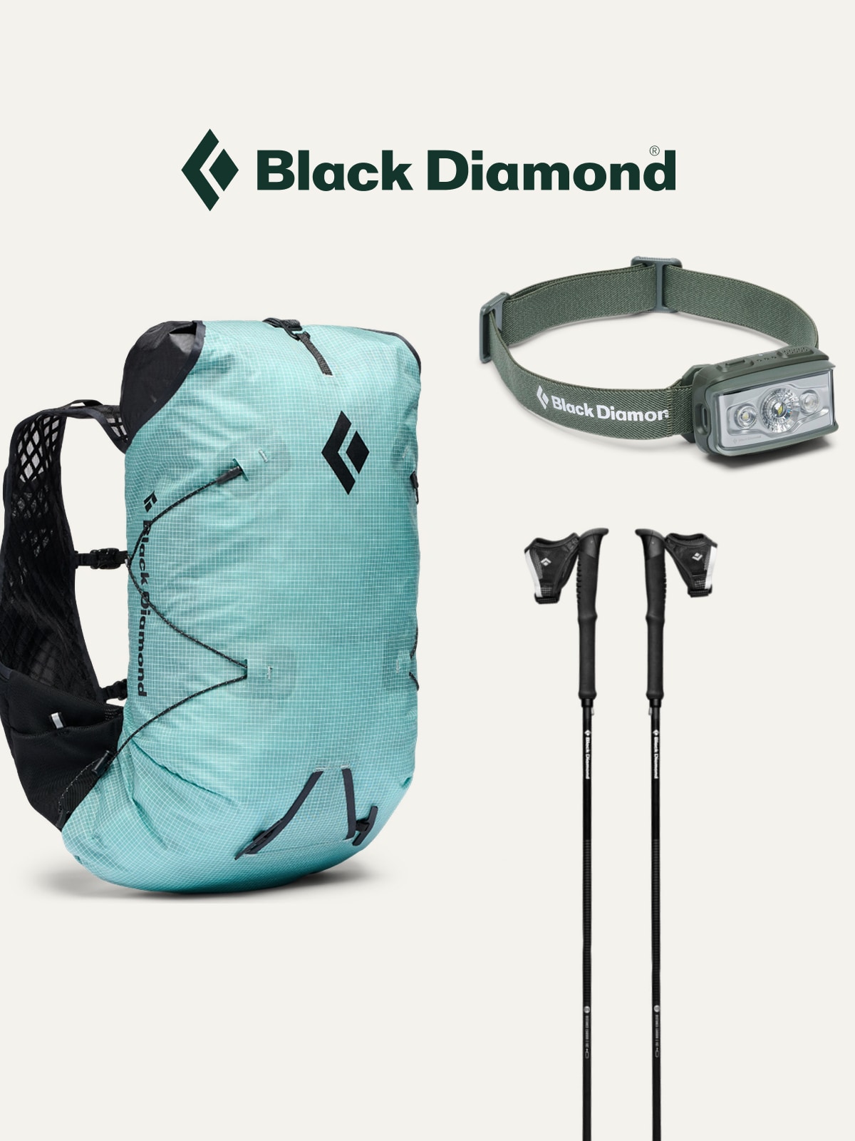 A collage of Black Diamond gear on a light colored background.