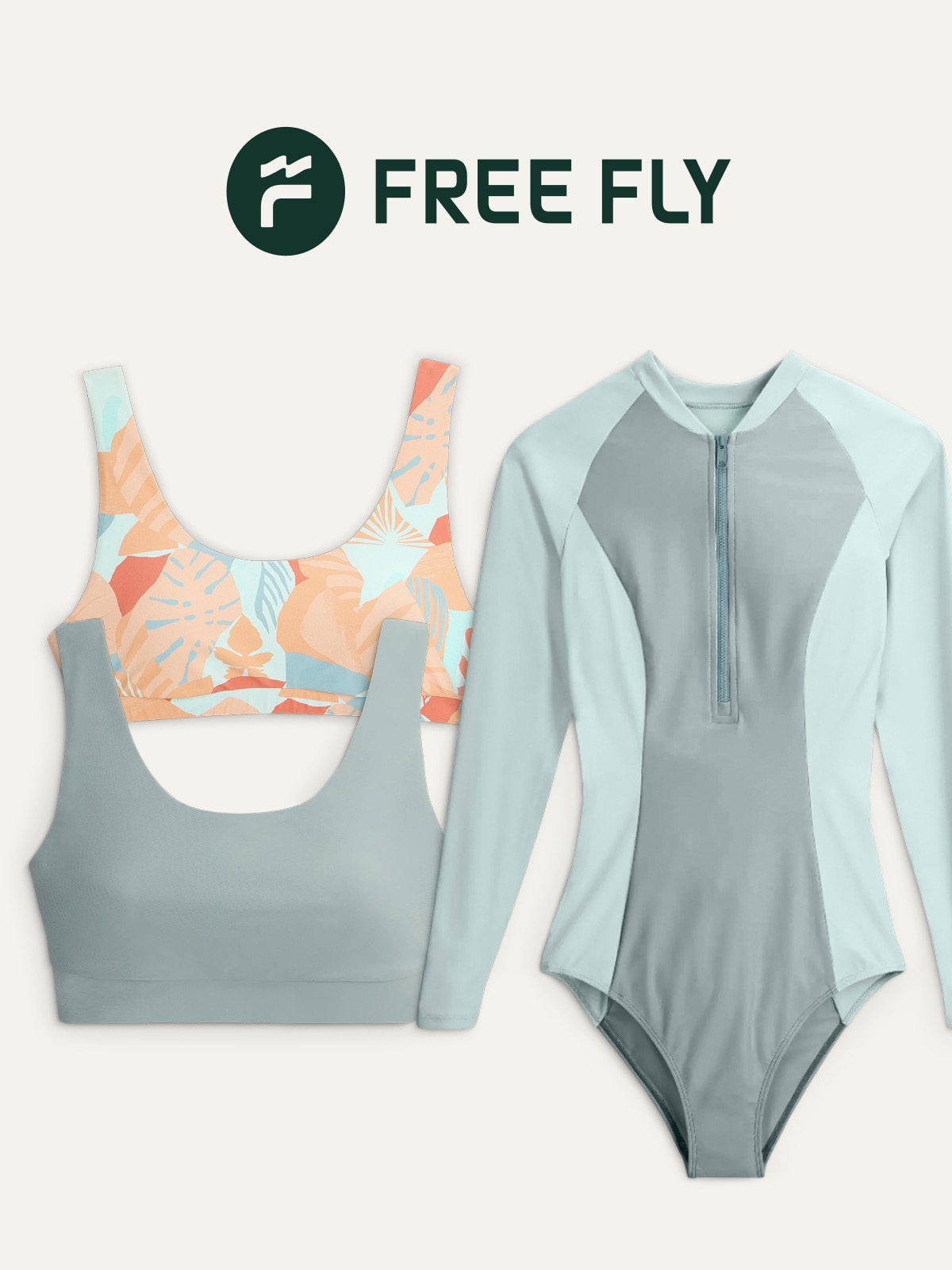 A collage of Free Fly swim clothing on a light colored background.