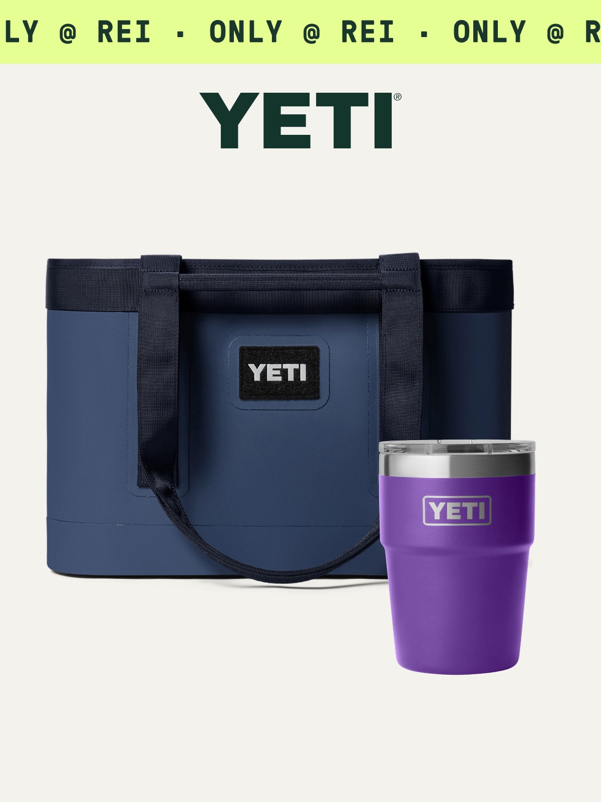 A YETI soft cooler and tumbler on a light colored background. Ticker tape text reads: ‘Only at R E I.’