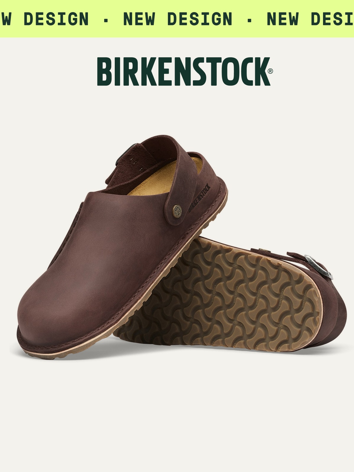 A pair of brown Birkenstock clogs on a light colored background. Ticker tape text reads: ‘New design.’