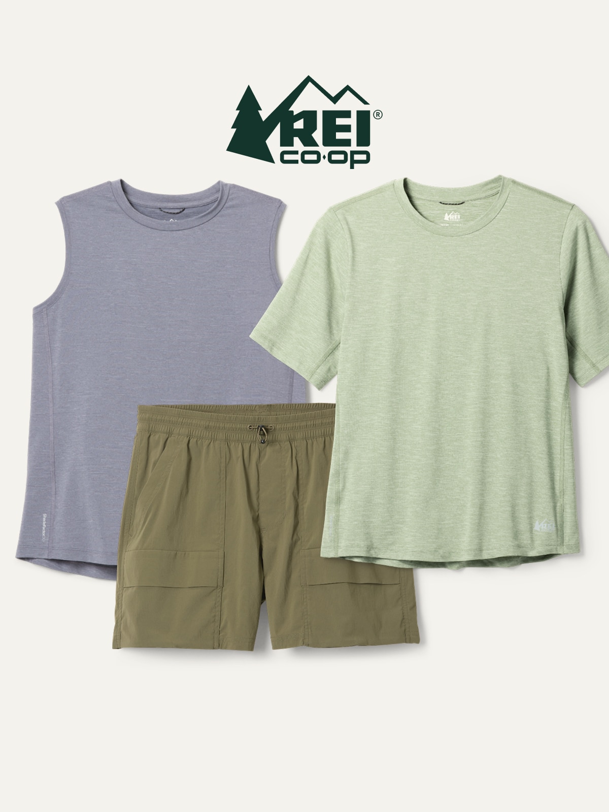 A collage of R E I Co-op brand clothing on a light colored background.