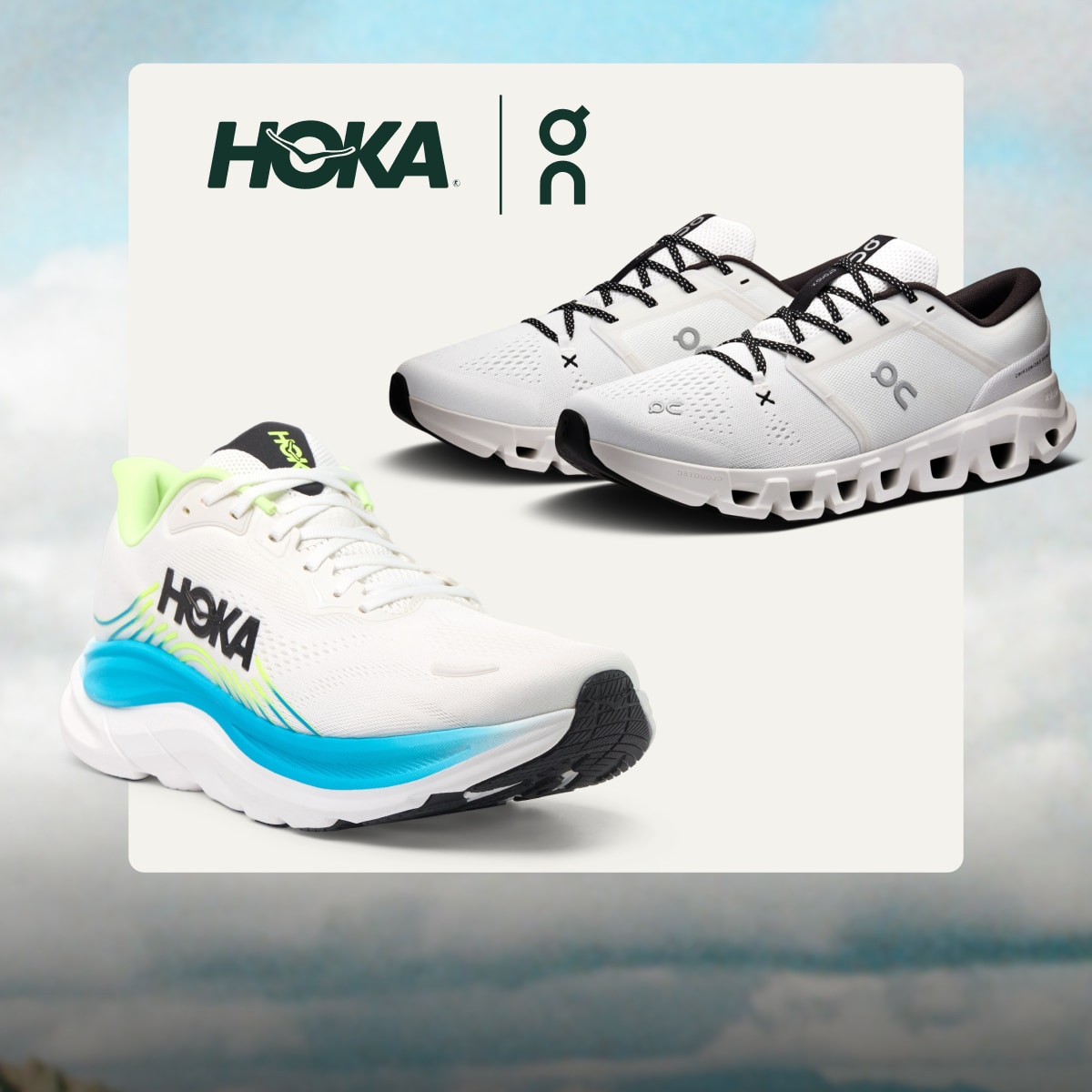 HOKA and On running shoes on a light colored background over an image of blue skies and clouds.