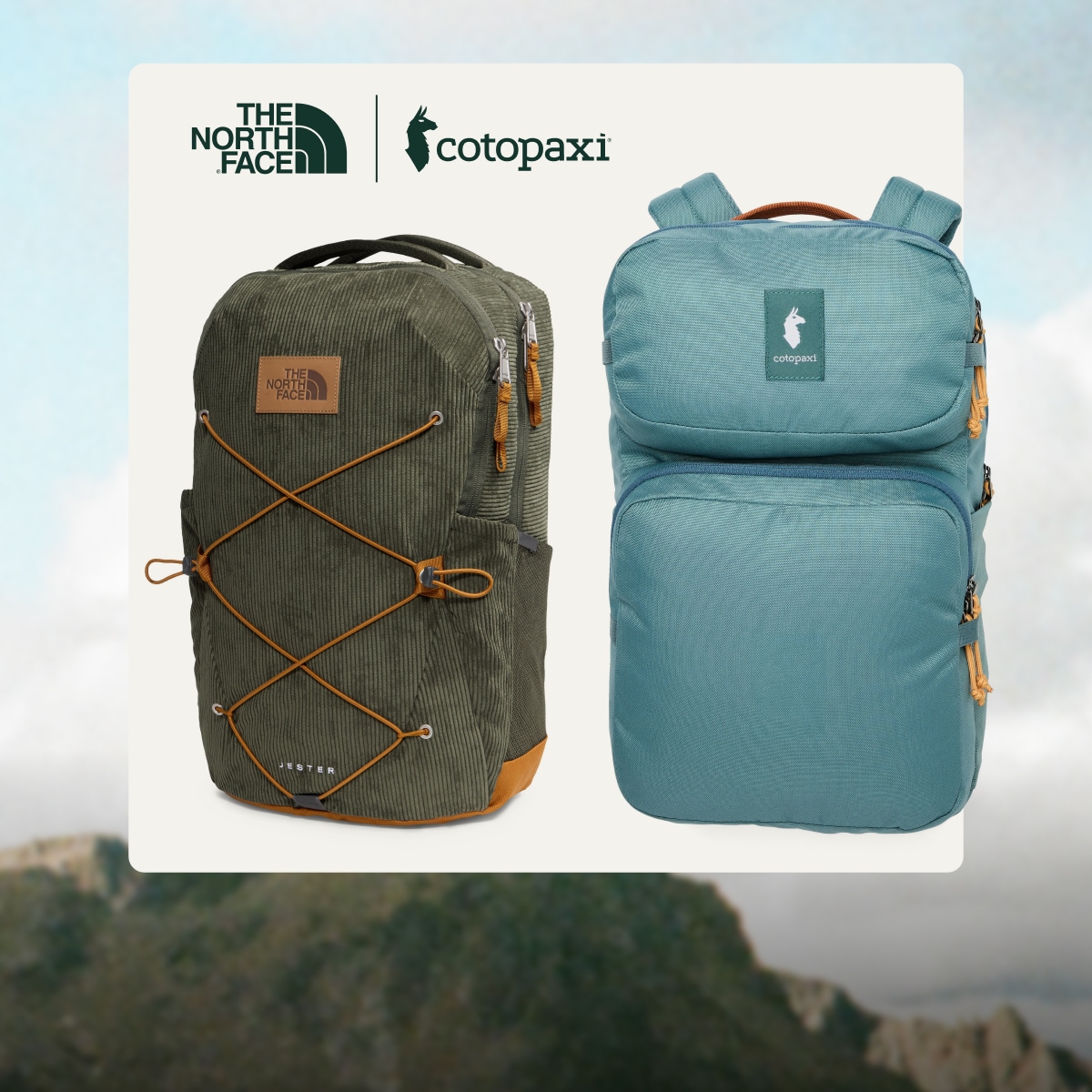 Backpacks from The North Face and Cotopaxi on a light colored background over an image of a large rock.