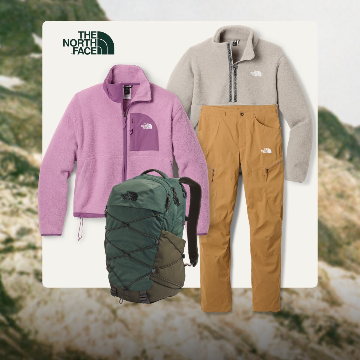 A collage of clothing and a backpack from The North Face on a light colored background over an image of a large rock.