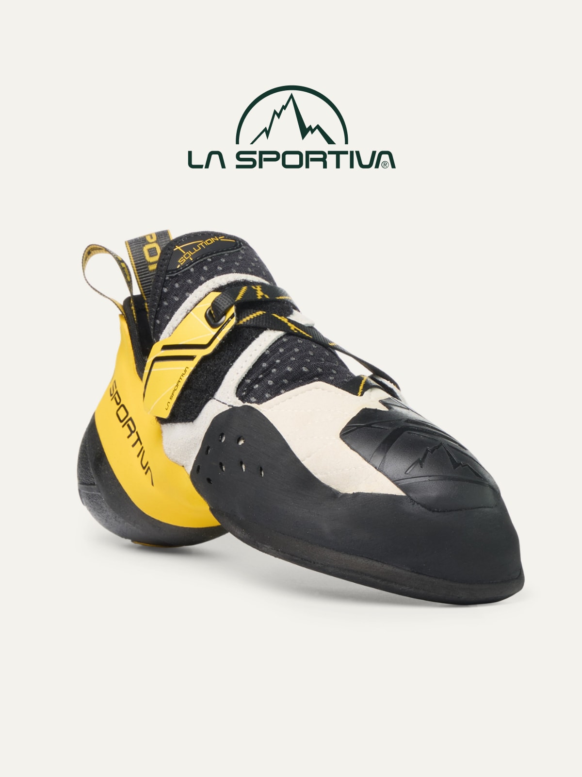A La Sportiva climbing shoe on a light colored background.